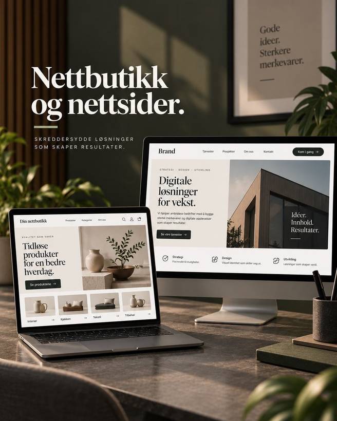 Nettbutikk og nettsider vist på skjerm og laptop